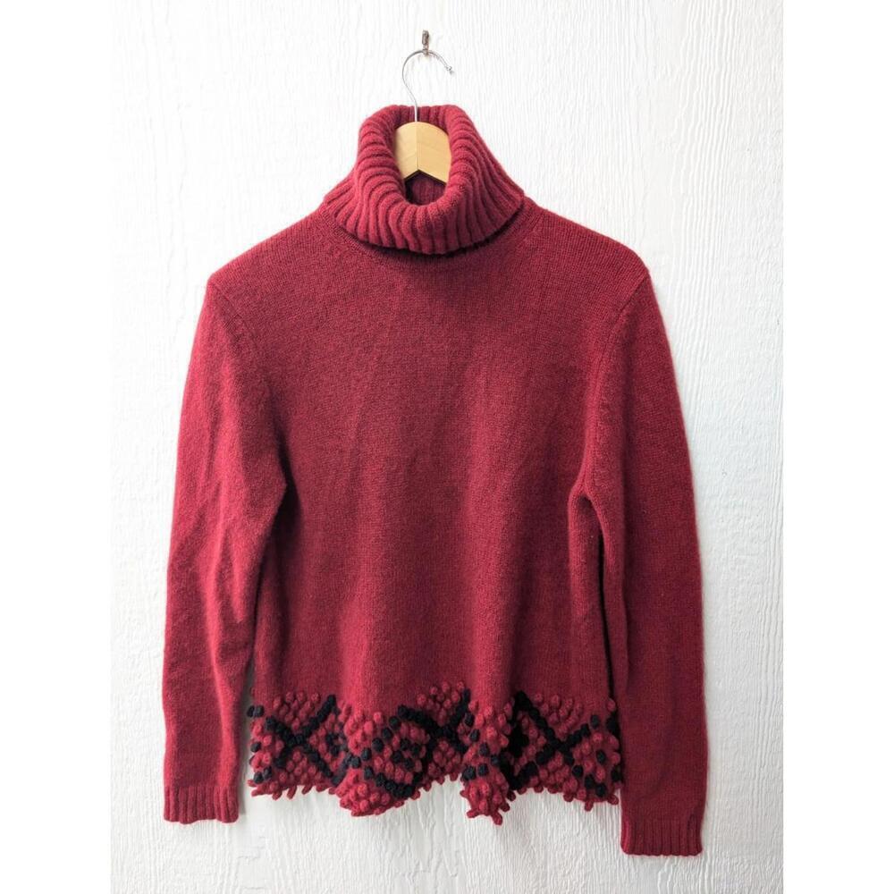 Vintage Jillian Jones 100% Lambswool Red Knit Pom Pom Turtleneck Sweater Large